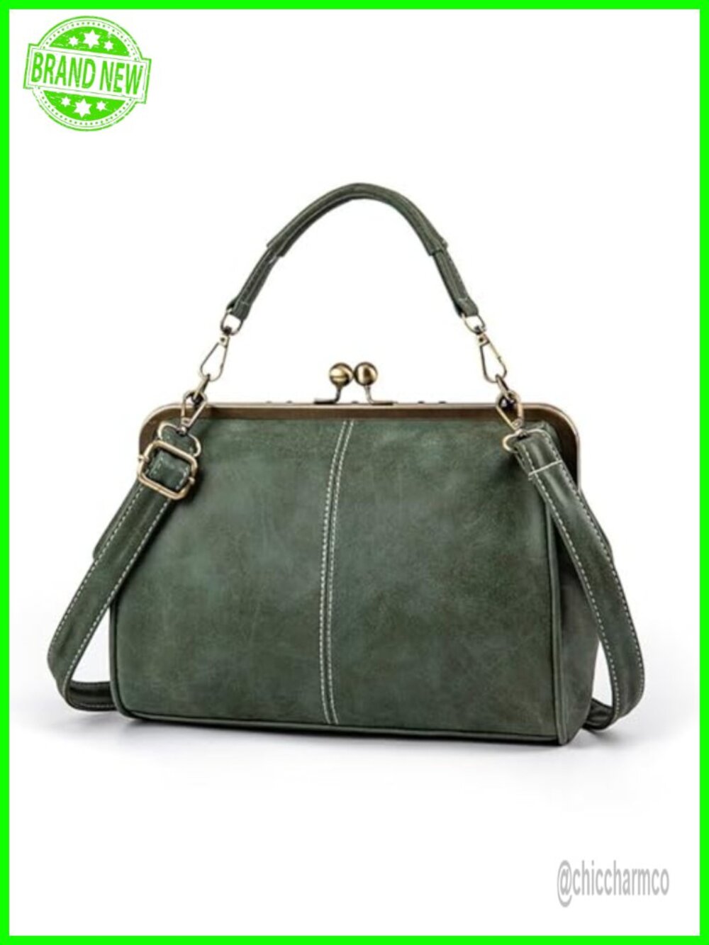 Vegan Leather Satchel Kiss Lock Top Handle Crossbody Shoulder Bag
